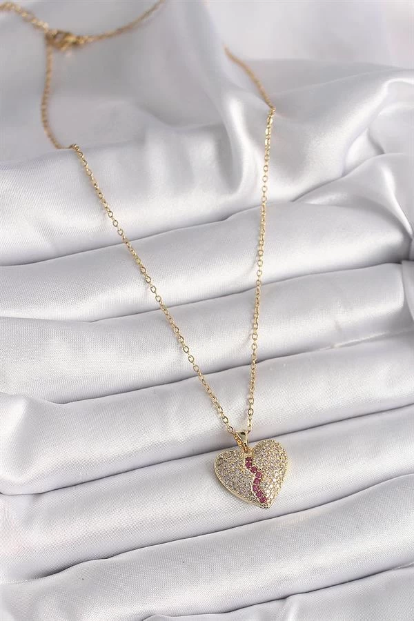 316l Çelik Gold Renk Zincir Zirkon Taşlı Kalp Model Kadın Kolye