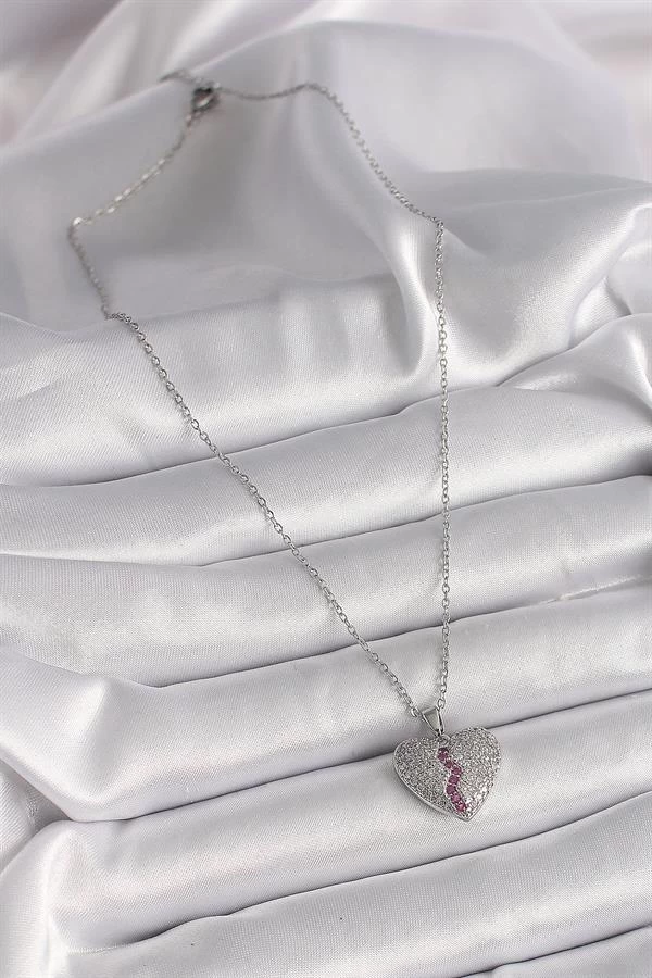 316l Çelik Gümüş Renk Zincir Zirkon Taşlı Kalp Model Kadın Kolye