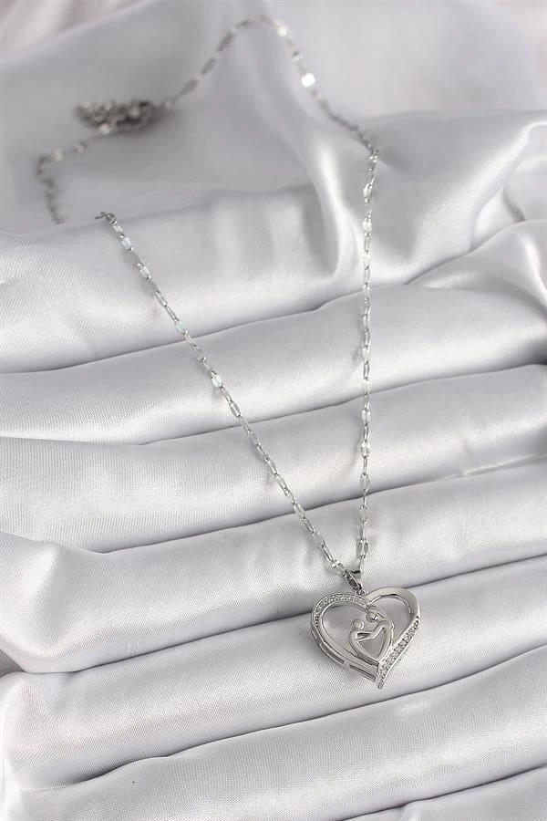 316l Çelik Gümüş Renk Zincir Zirkon Taşlı Kalp Anne Çocuk Figür Kadın Kolye