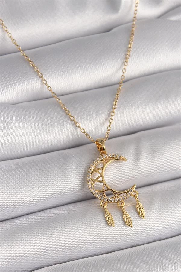 316l Çelik Gold Renk Zincir Zirkon Taşlı Hilal Model Sallantı Yaprak Detay Kadın Kolye