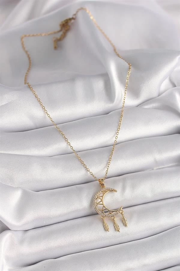 316l Çelik Gold Renk Zincir Zirkon Taşlı Hilal Model Sallantı Yaprak Detay Kadın Kolye