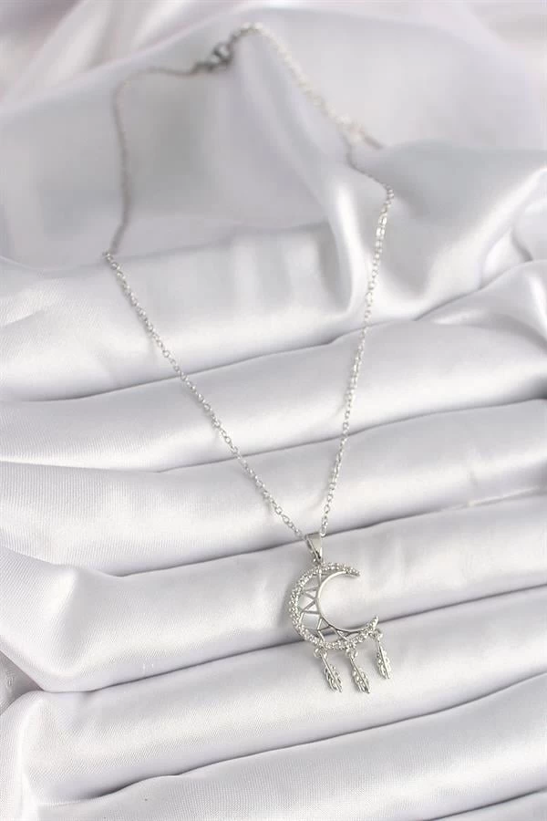 316l Çelik Gümüş Renk Zincir Zirkon Taşlı Hilal Model Sallantı Yaprak Detay Kadın Kolye