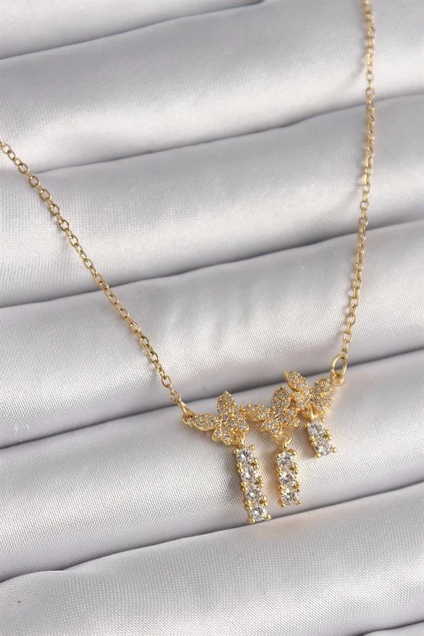316l Çelik Gold Renk Zincir Zirkon Taşlı Kelebek Model Sallantı Detay Kadın Kolye