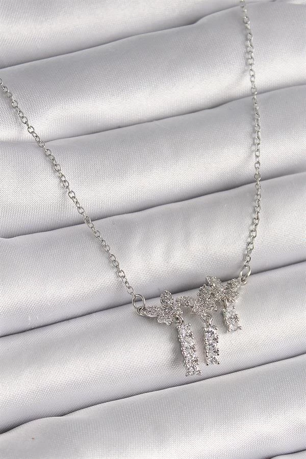 316l Çelik Gümüş Renk Zincir Zirkon Taşlı Kelebek Model Sallantı Detay Kadın Kolye