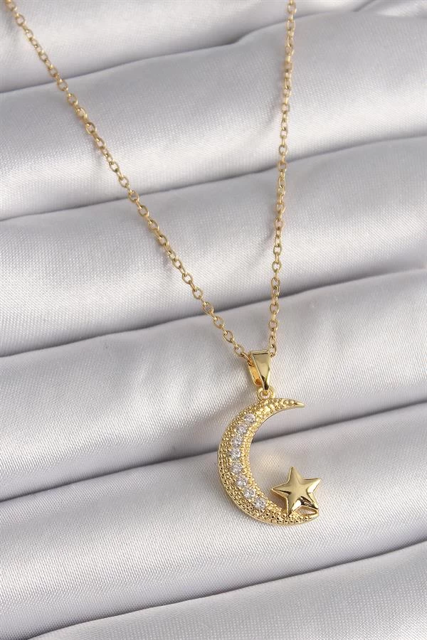 316l Çelik Gold Renk Zincir Zirkon Taşlı Hilal Model Yıldız Detay Kadın Kolye
