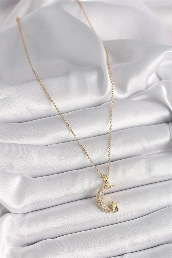 316l Çelik Gold Renk Zincir Zirkon Taşlı Hilal Model Yıldız Detay Kadın Kolye