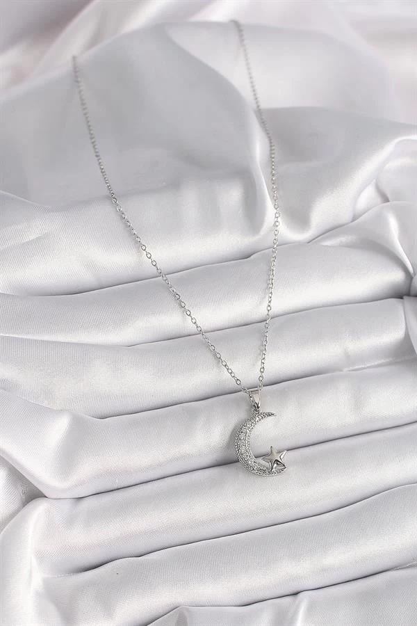 316l Çelik Gümüş Renk Zincir Zirkon Taşlı Hilal Model Yıldız Detay Kadın Kolye