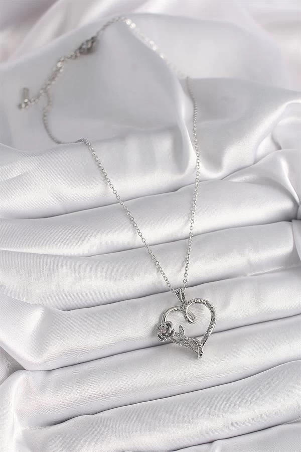 316l Çelik Gümüş Renk Zincir Zirkon Taşlı Kalp Figür Gül Detay Kadın Kolye