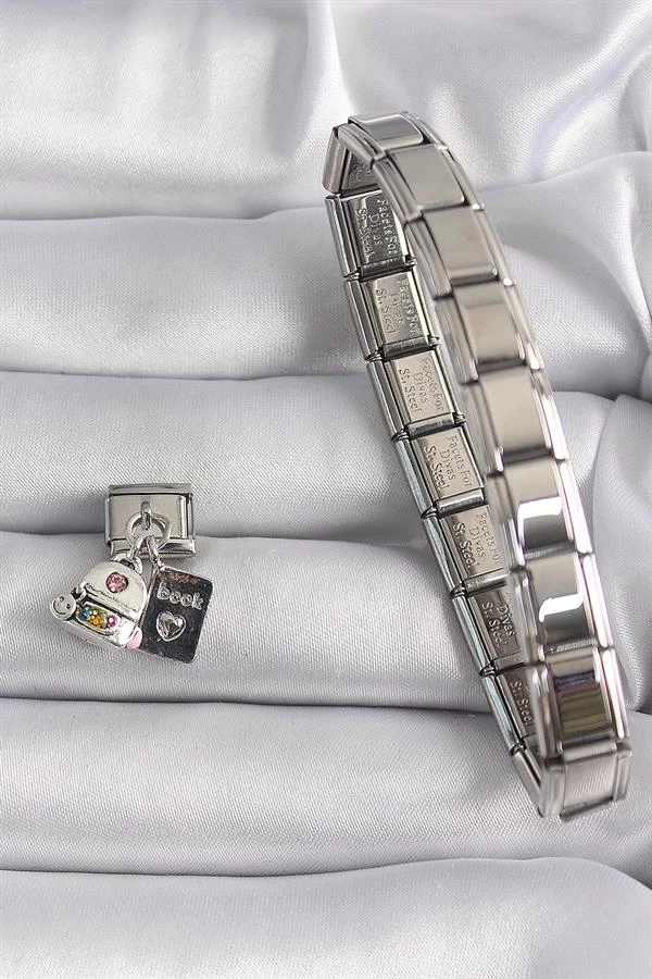 316l Çelik Gümüş Renk Zirkon Taş Detaylı Sırt Çantası Kitap Model Nomination Charm