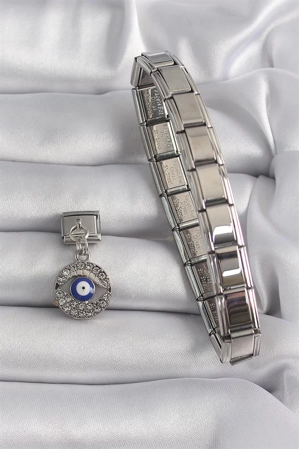 316l Çelik Gümüş Renk Sallantı Zirkon Taşlı Göz Model Nazar Boncuk Detay Nomination Charm