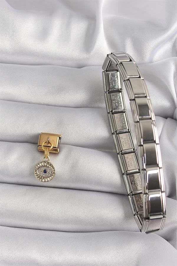 316l Çelik Gold Renk Sallantı Zirkon Taşlı Göz Model Nomination Charm