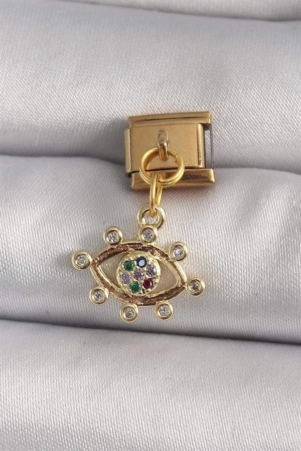 316l Çelik Gold Renk Sallantı Zirkon Taşlı Göz Model Nomination Charm