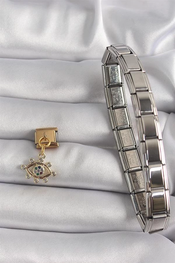 316l Çelik Gold Renk Sallantı Zirkon Taşlı Göz Model Nomination Charm