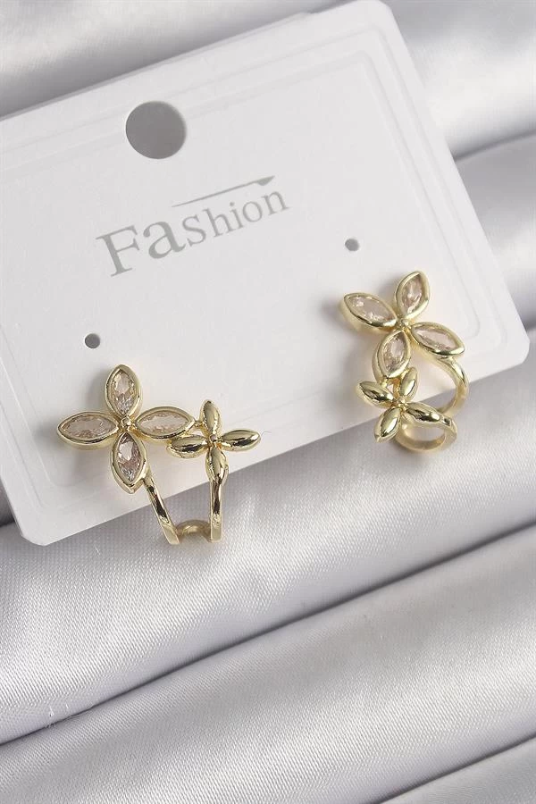 Pirinç Gold Renk Zirkon Taşlı 2'li Çiçek Model Kadın Küpe