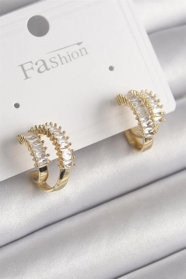 Pirinç Gold Renk 2'li Zirkon Taşlı Halka Model Kadın Küpe