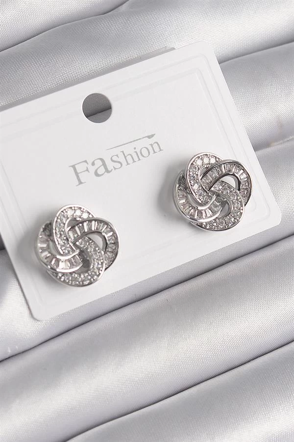 Pirinç Gümüş Renk Zirkon Taşlı Çiçek Model Kadın Küpe