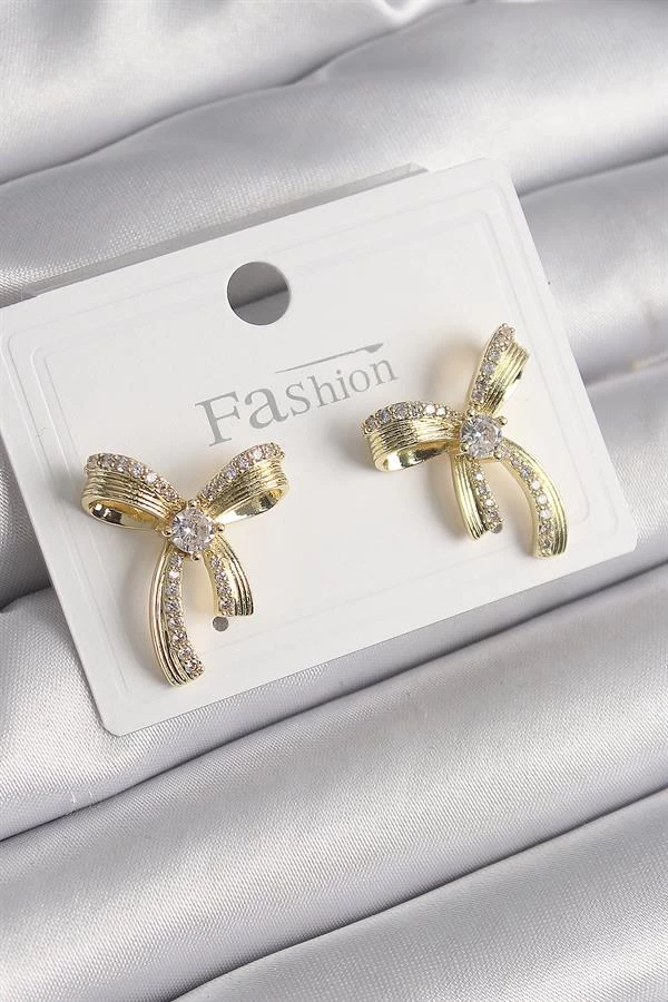 Pirinç Gold Renk Zirkon Taşlı Fiyonk Model Kadın Küpe