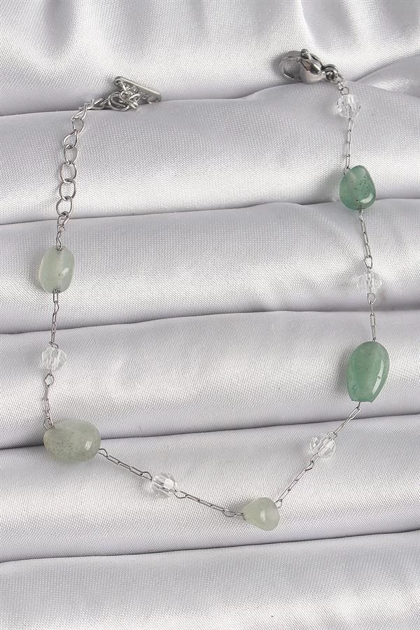 316l Çelik Gümüş Renk Zincir Yeşil Doğal Taş Kadın Bileklik