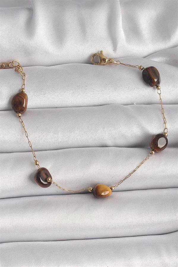 316l Çelik Gold Renk Zincir Kahverengi Doğaltaş Model Kadın Bileklik