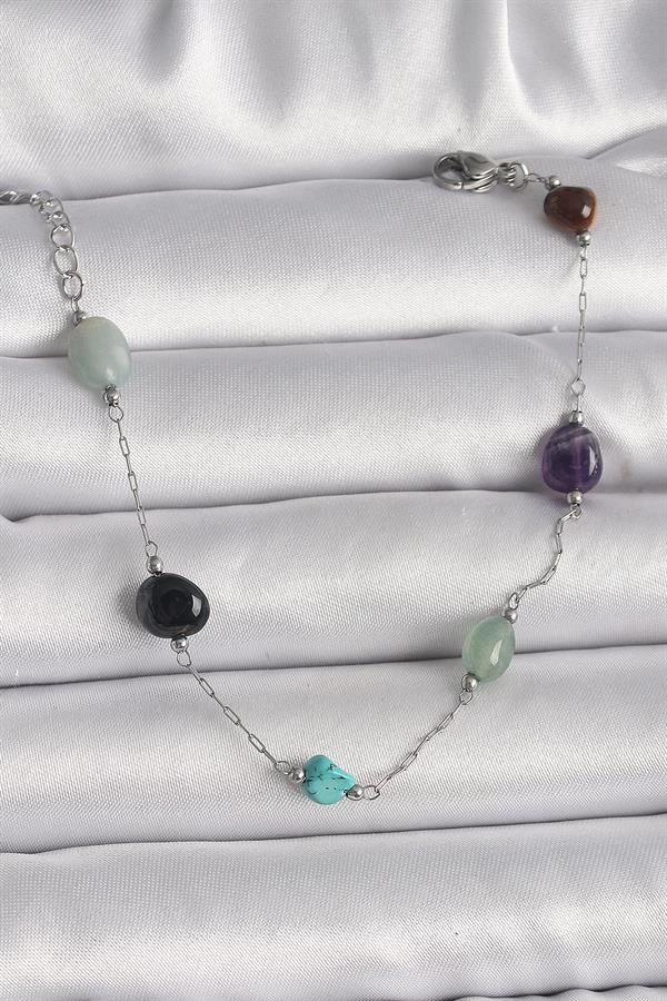 316l Çelik Gümüş Renk Zincir Renkli Doğaltaş Model Kadın Bileklik