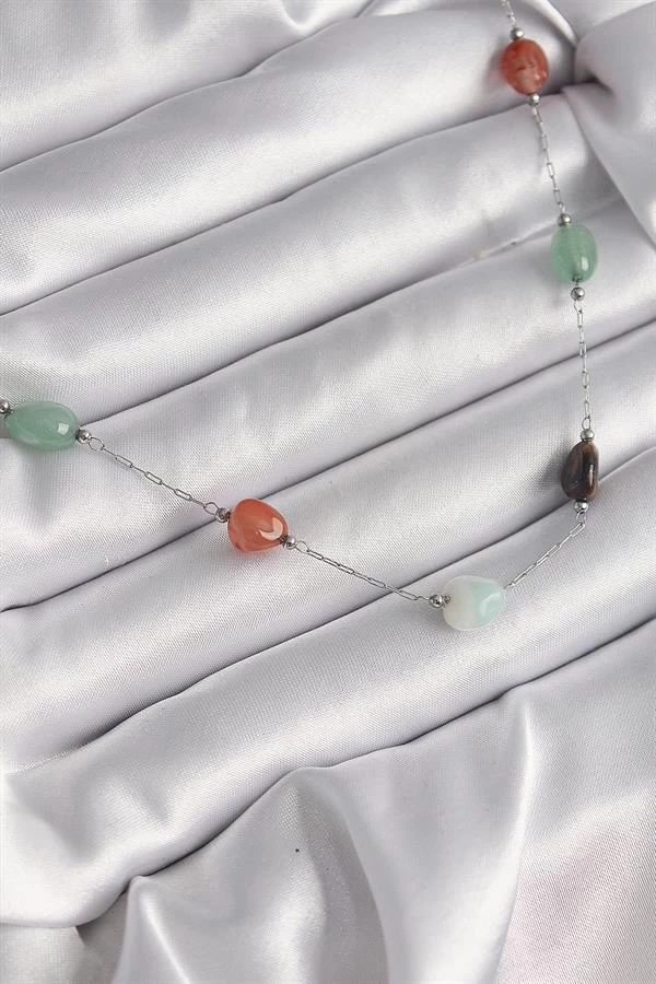 316l Çelik Gümüş Renk Zincir Renkli Doğaltaş Model Kadın Kolye