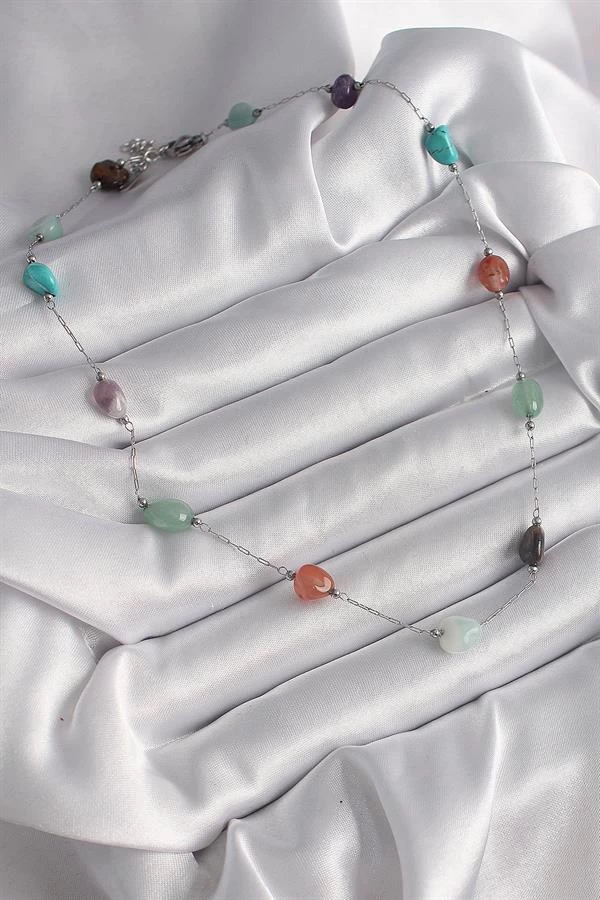 316l Çelik Gümüş Renk Zincir Renkli Doğaltaş Model Kadın Kolye