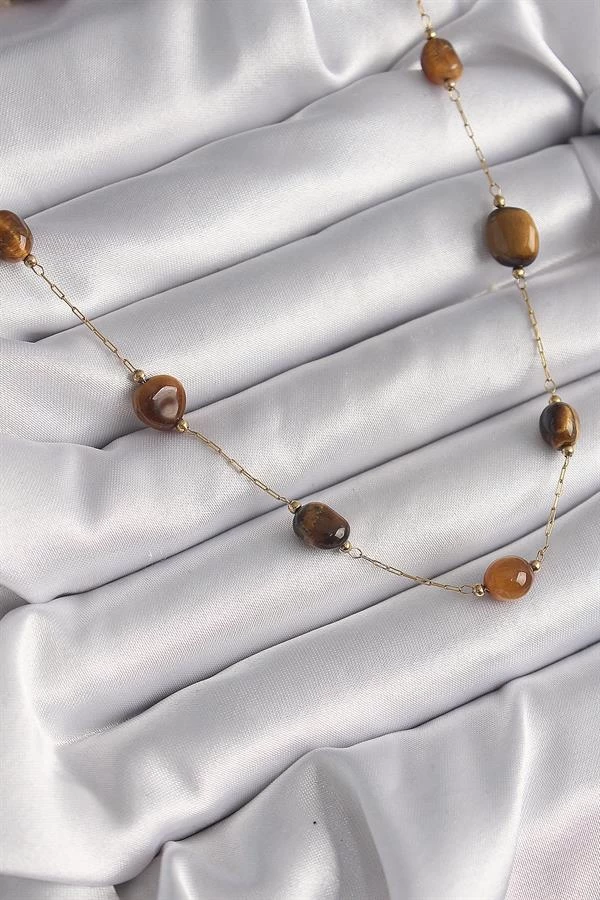 316l Çelik Gold Renk Zincir Kahvrengi Doğaltaş Model Kadın Kolye