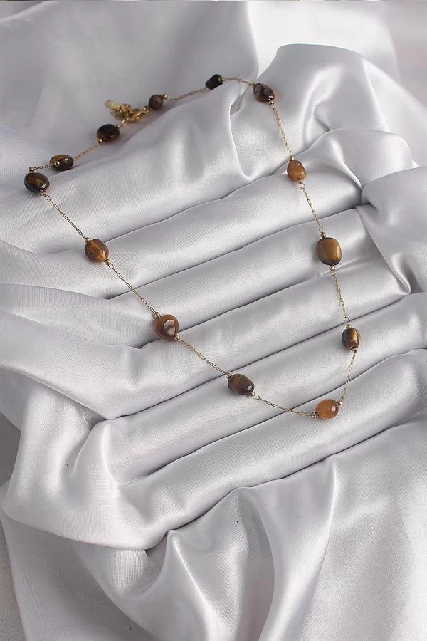 316l Çelik Gold Renk Zincir Kahvrengi Doğaltaş Model Kadın Kolye