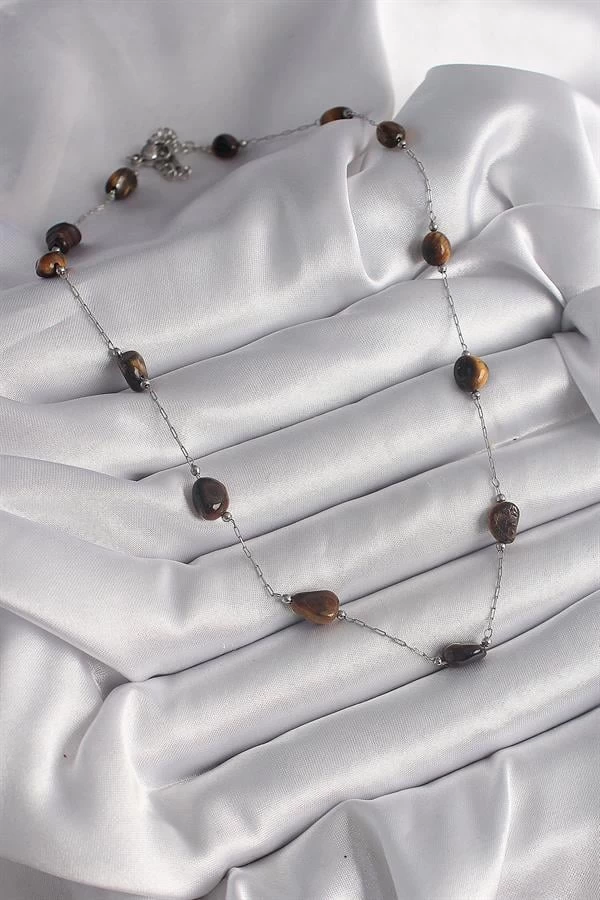 316l Çelik Gümüş Renk Zincir Kahverengi Doğaltaş Model Kadın Kolye
