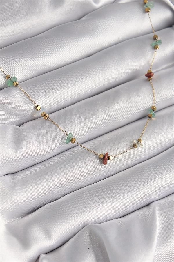 316l Çelik Gold Renk Zincir Renkli Doğaltaş Model Kadın Kolye