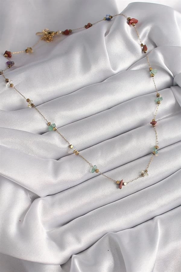 316l Çelik Gold Renk Zincir Renkli Doğaltaş Model Kadın Kolye