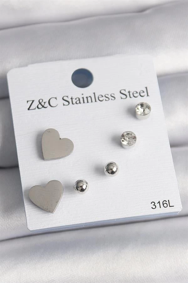 316l Çelik Gümüş Renk Zirkon Taşlı Kalpli Kadın Küpe Seti