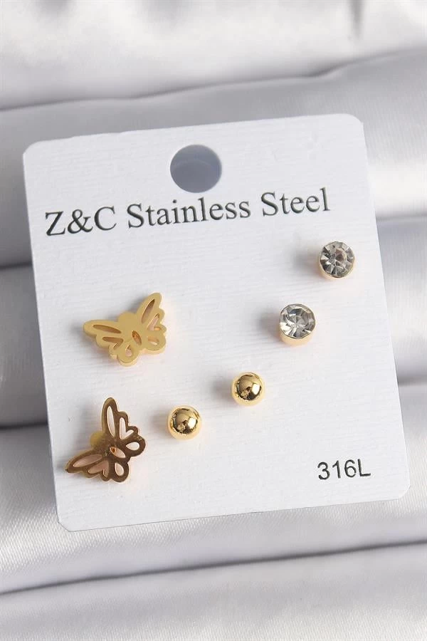 316l Çelik Gold Renk Zirkon Taşlı Kelebek Figür Kadın Küpe Seti