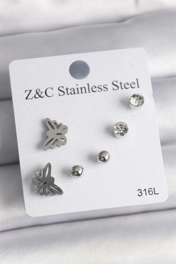 316l Çelik Gümüş Renk Zirkon Taşlı Kelebek Model Kadın Küpe Seti