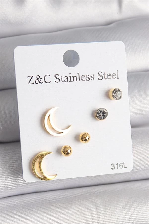 316l Çelik Gold Renk Zirkon Taşlı Hilal Model Kadın Küpe Seti