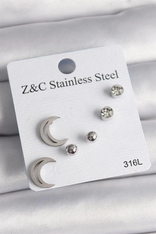 316l Çelik Gümüş Renk Zirkon Taşlı Hilal Model Kadın Küpe Seti