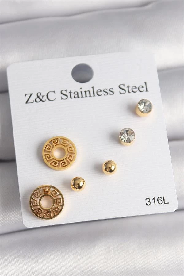 316l Çelik Gold Renk Zirkon Taşı Labirent Model Kadın Küpe Seti