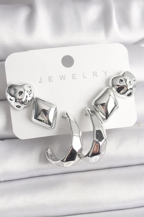 Gümüş Renk Kalp Halka Figür Ccb Plastik Kadın Küpe Seti