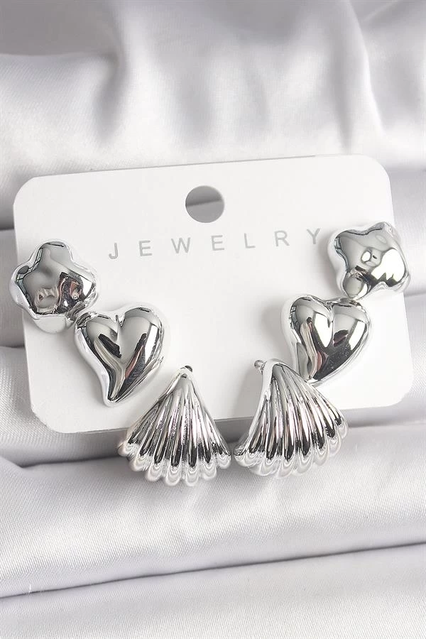 Gümüş Renk Yonca Kalp Deniz Kabuğu Figür Ccb Kadın Küpe Seti