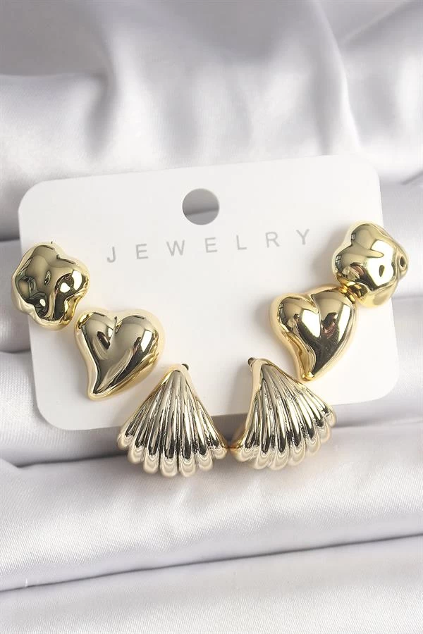 Gold Renk Yonca Kalp Deniz Kabuğu Figür Ccb Kadın Küpe Seti