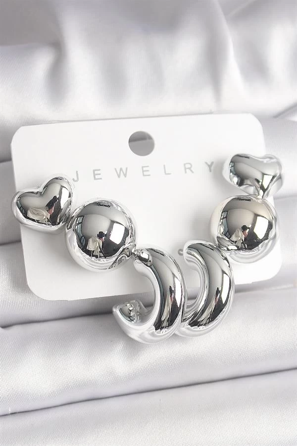 Gümüş Renk Kalp Halka Figür Ccb Plastik Kadın Küpe Seti