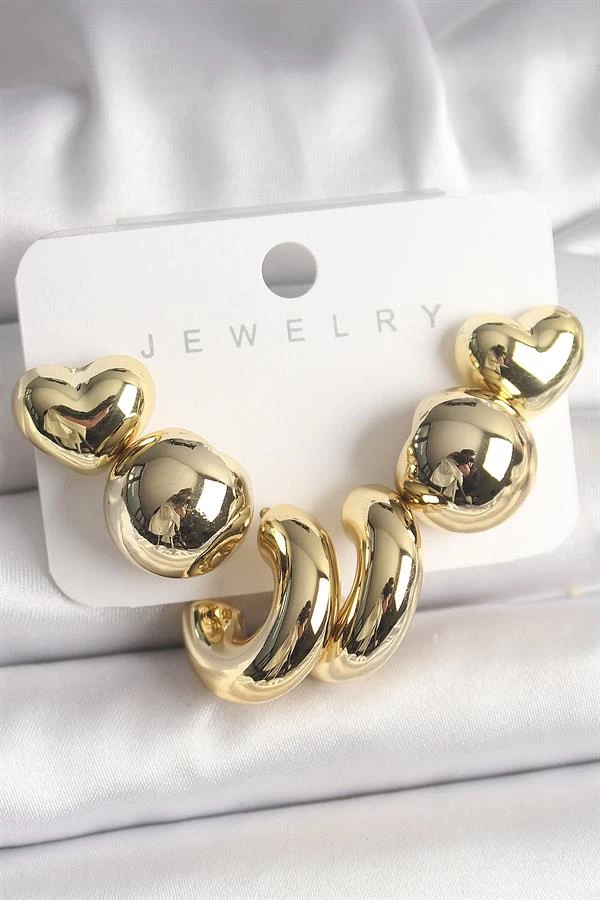 Gold Renk Kalp Halka Model Ccb Plastik Kadın Küpe Seti