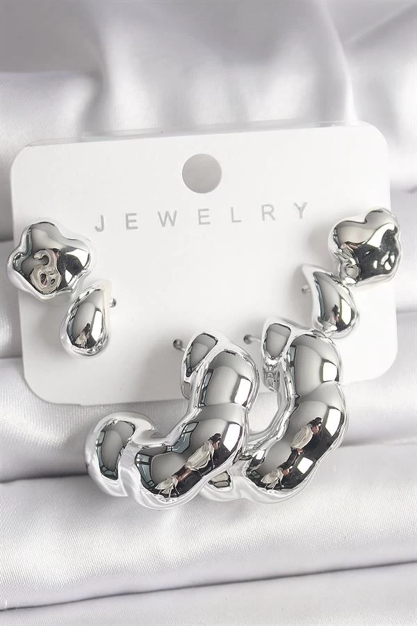 Gümüş Renk Yonca Damla Halka Model Ccb Plastik Kadın Küpe Seti