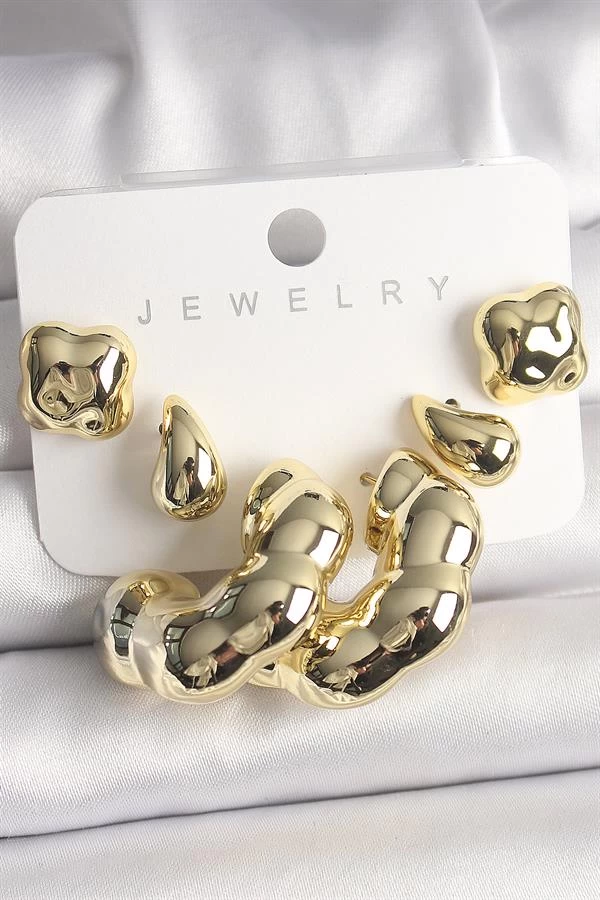 Gold Renk Yonca Damla Halka Model Ccb Plastik Kadın Küpe Seti