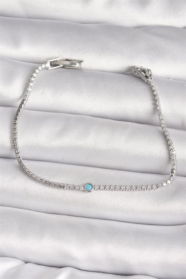 Pirinç Gümüş Renk Su Yolu Zirkon Taşlı Mavi Taşlı Kadın Bileklik