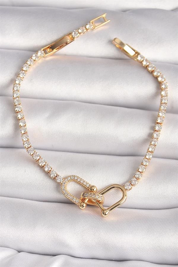 Pirinç Gold Renk Su Yolu Zirkon Taşlı Tiffany Model Kadın Bileklik