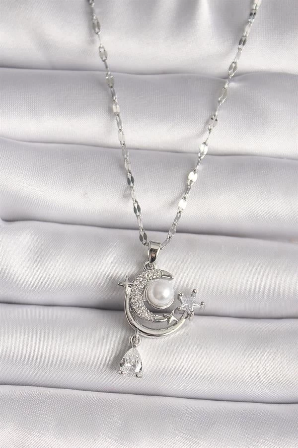 316l Çelik Gümüş Renk Zirkon Taşlı Ay Yıldız Sallantı Detay Kadın Kolye