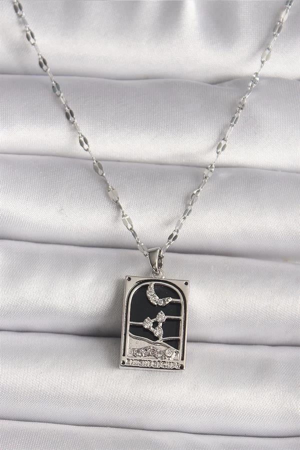 316l Çelik Gümüş Renk Zirkon Taşlı  Ay Figürlü Taror Model Kadın Kolye