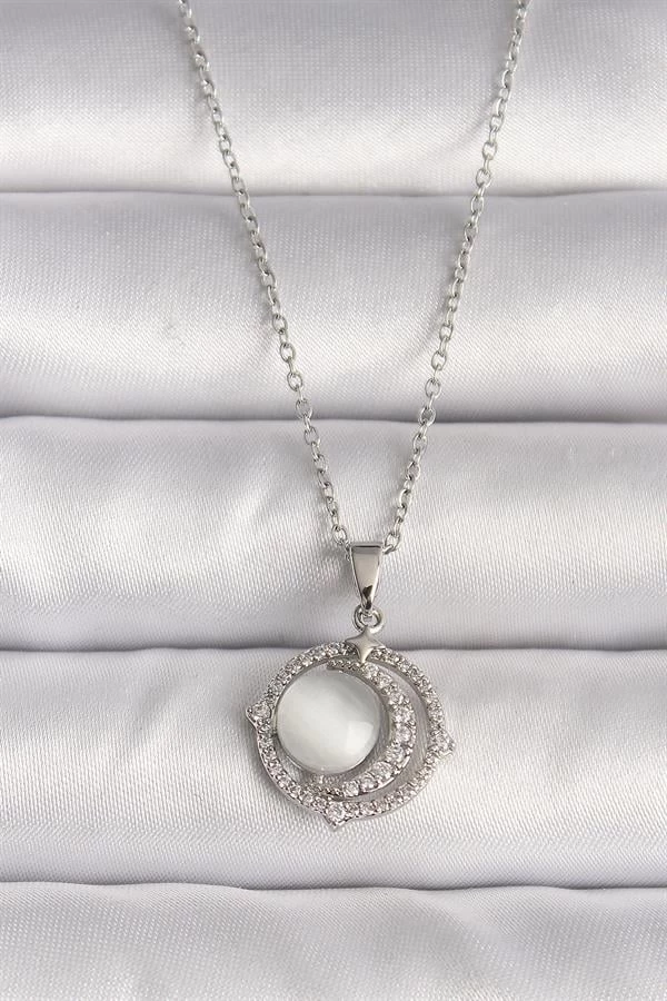 316l Çelik Gümüş Renk Zirkon Taşlı Beyaz Sedefli Hilal Model Kadın Kolye