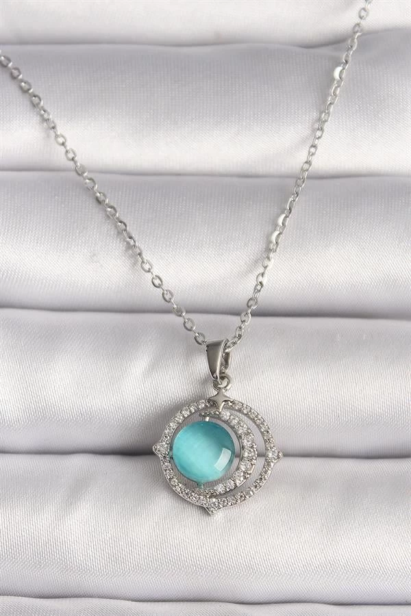 316l Çelik Gümüş Renk Zirkon Taşlı Mavi Sedefli Hilal Model Kadın Kolye